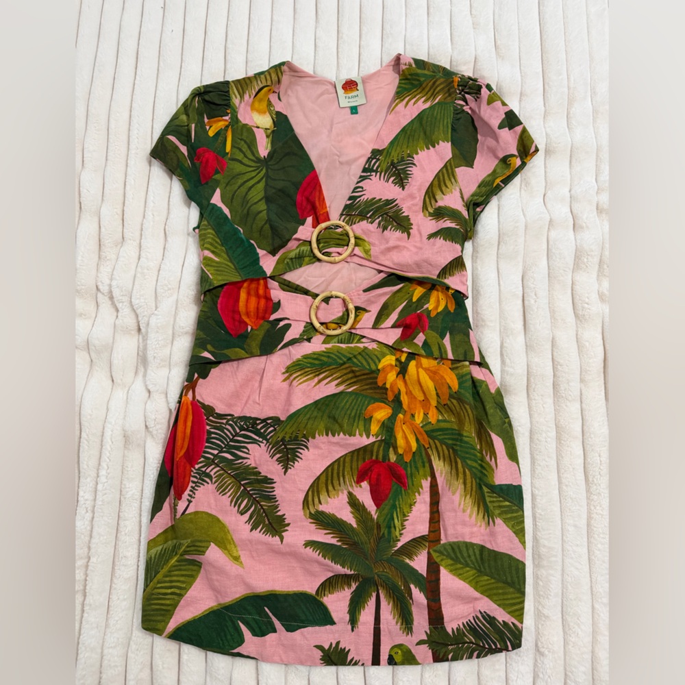 FARM Rio Pink  linenTropical Mini Dress with Green Leaf Print